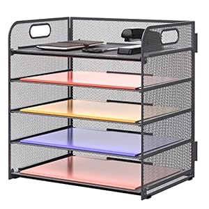 Supeasy 5 Trays Paper Organizer Letter Tray with Handle-Mesh Desk File Organizer, Grey Paper Sorter Desk Organizer for Office, Home or School