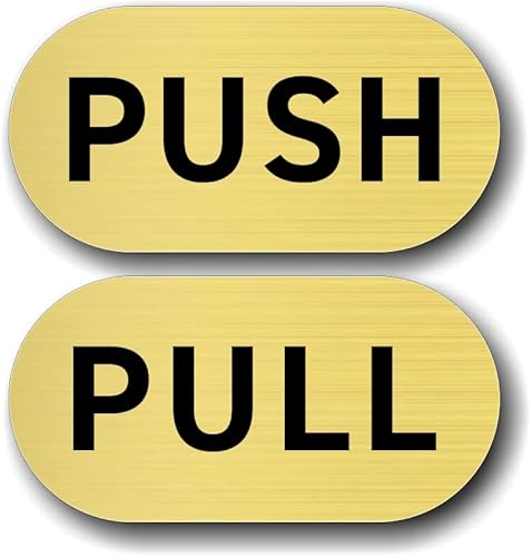 ドアプレート 【 PUSH/PULL 】 (横向き) ヘアライン ゴールド (文字色:黒) 楕円 60mm×30mm×1.5mm アクリル2層板 UV対策品 レーザー彫刻 粘着テープ付き おしゃれ スタイリッシュ シンプル 押す 引く サインプレート 扉