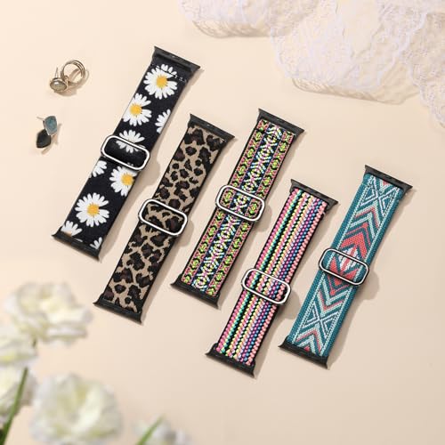 Image of Easuny 5 Pack Stretchy Bands Compatible with Apple Watch 40mm 41mm 42mm 38mm 44mm 45mm 46mm Women, Elastic Fabric Nylon Strap Wristband for iWatch SE 3 2 1 Series 11 10 9 8 7 6 5 4 3 Boho Solo Loop