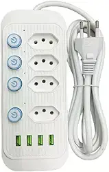 Régua Extensão Elétrica USB 4 Tomadas + 4 Portas USB 10A com Botão Liga/Desliga Cabo Longo e Resistente