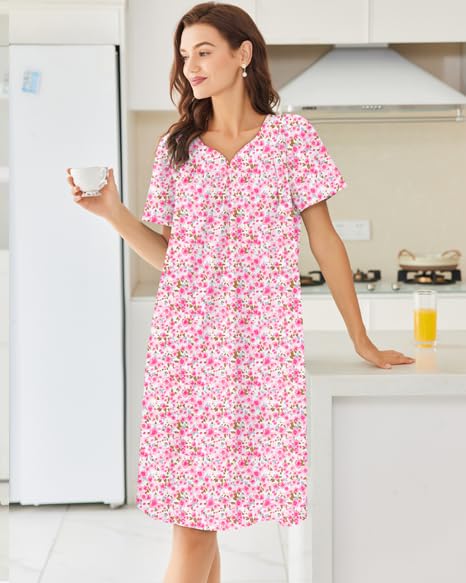 Image of Ekouaer Moo Moos for Women House Dress With Pockets Cotton Nightgowns Short Sleeve Night gowns Embroidered Mumu Dress