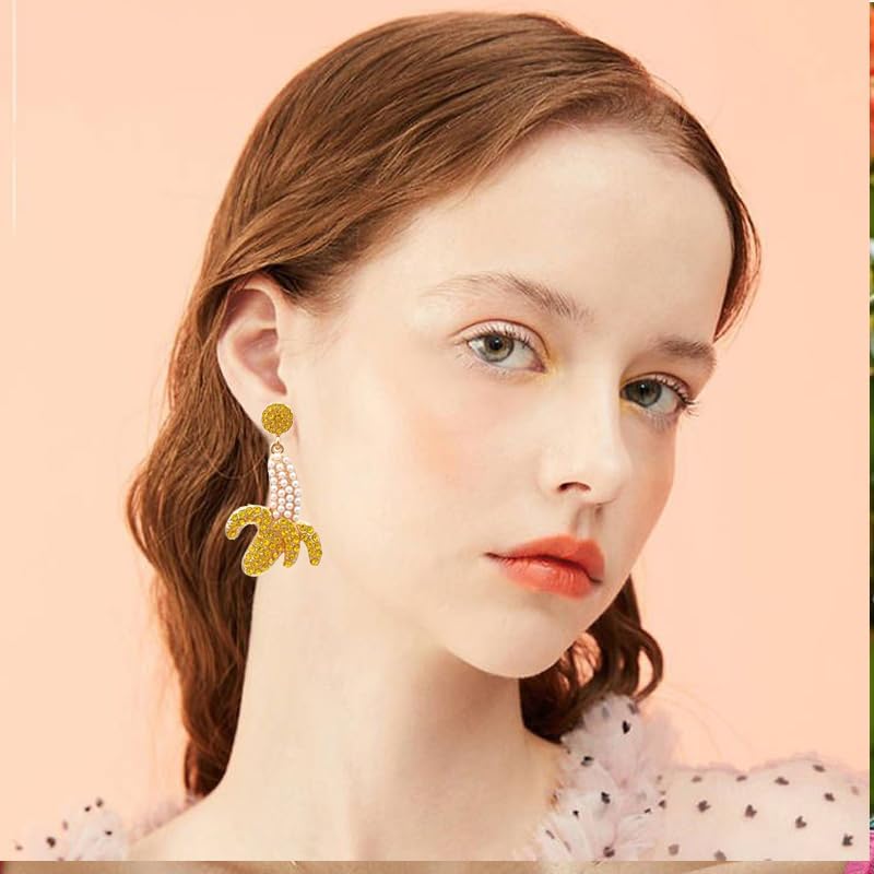 Rhinestone Banana Earrings for Women Dainty Pearl Crystal Banana Dangle Earrings Cute Fruit Bananas Earring Trendy Summer Beach Jewelry Gift - Image 4