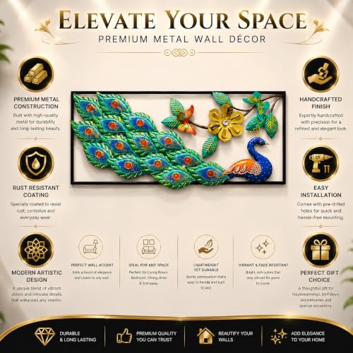 Image of SHREE 'O' GREEN TECH - Handcrafted Metal Peacock Wall Decor Modern Iron Wall Art Hanging for Living Room Bedroom Hallway Office Hotel Home Decoration