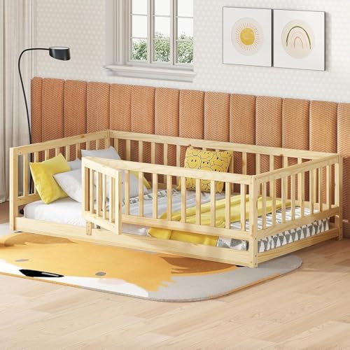 Image of Bellemave Twin Size Kids Montessori Floor Bed with Door,Solid Wood Floor Bed Frame with Slats and High Fence for Kids,Girls,Boys,Natural