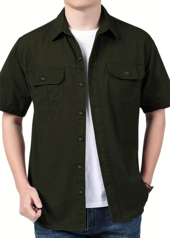 Image of SHIENZY Men's Regular Fit Solid Printed Cotton Casual Shirt || Half Sleeve, Double Pocket || Denim Jacket Style Fashionable Western Outfit
