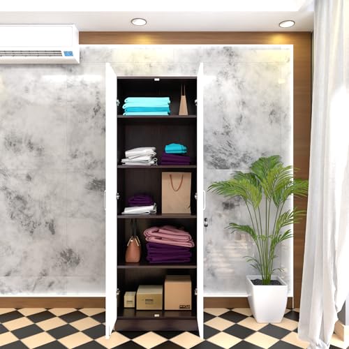 Image of VIKI Wardrobe | Wooden Almirah for Clothes,Door for Bedroom, 2 Door Wardrobe with Doors (Frosty White, Dark Wenge - 40D x 60W x 180H) | 1 Year Warranty | DIY