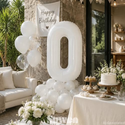 Image of SUWEN 40 Inch White Large 0 Balloon Number Big Foil Helium Number Balloons 0-9 Giant Jumbo Happy 0th Birthday Party Decorations for Men or Women Huge Mylar Anniversary Party Supplies