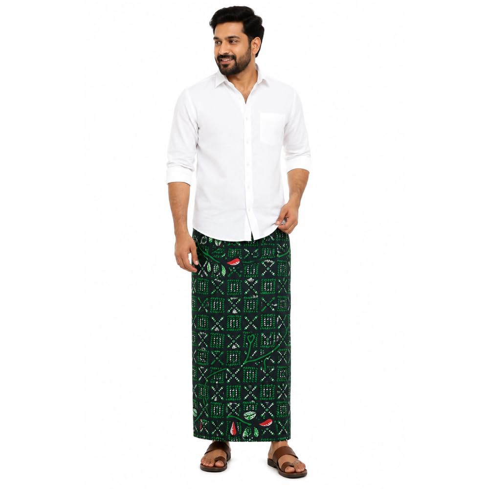 100% Pure Cotton Printed Lungi for Men | 2 Meter × 132 cm Open Unstitched Lungi | Traditional South Indian Cotton Mundu | Multicolour | Soft, Breathable & Lightweight | Design & Colour May Vary-picture-14