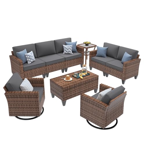 Image of UDPATIO Patio Furniture Set, 6 Pieces Outdoor Conversation Sets with Rocking Swivel Chairs, Wicker Rattan Outdoor Sofa Set with Storage Table and Waterproof Covers for Backyard, Deck, Porch, Grey