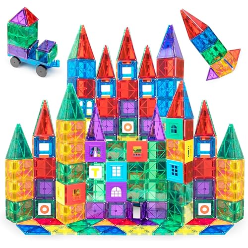Playmags Magnetic Tiles for Kids 100-Piece Set, STEM Educational Building Blocks Toys for Kids, Includes Click-in ABC Learning Tiles, Gift for Boys & Girls, Add on Magnetic Figures, Car Set Available