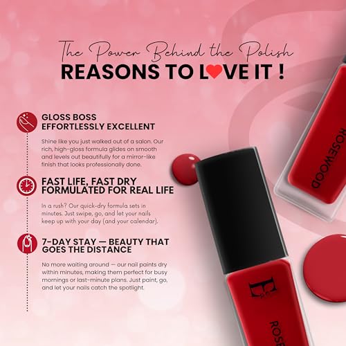 Image of Ellement Co Rosewood Nail Paint 10 ML | Classic Red Nail Colour with Glossy Finish | Long Lasting & Chip Resistant Formula | Smooth Professional Application | Vegan, Non-Toxic & Paraben Free Nail Polish for Festive, Party, Wedding & Everyday Glam Look
