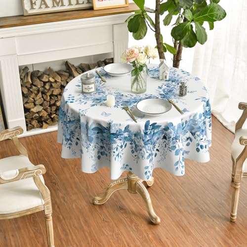 Image of Horaldaily Spring Tablecloth 90 x 90 Inch Round Eucalyptus Floral Blue | Washable Table Cover for Party Picnic Dinner Decor