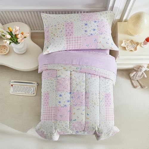 Image of Joyreap 4 Piece Cotton Toddler Bedding Set- Purplish Pink Floral Patchwork Design, Toddler Comforter Set for Girls, Includes Quilted Comforter, Fitted Sheet, Top Sheet, and Pillow Case
