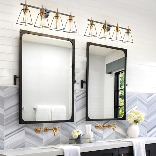 Image of Industrial Bathroom Vanity Lights: 4 Light Black and Gold Vintage Metal Cage Wall Sconce - Rustic Farmhouse Wall Light Fixture Over Mirror Cabinet for Bedroom Living Room