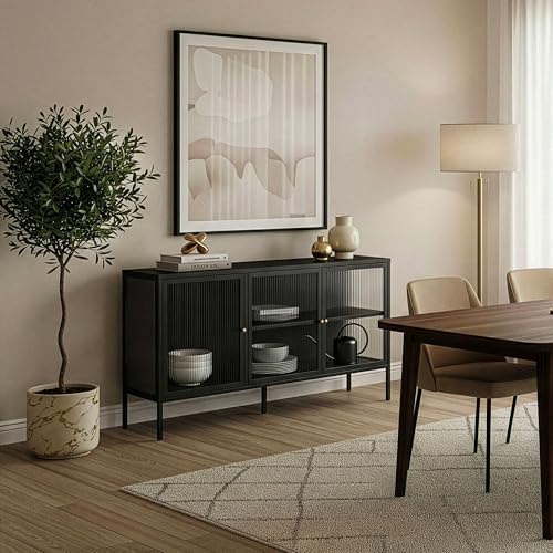 [en.casa] Vitrina Vinterhavn Aparador para salón con Estante 3 Puertas de Cristal Templado 3 Compartimentos Cerrados Mueble Auxiliar para Comedor Oficina Acero 80 x 150 x 40 cm - Negro