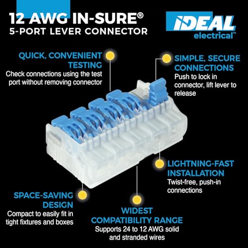 Image of Ideal Electrical in-Sure Lever Wire Connector,12 AWG, 5-Port(30-10L25), Box of 75-Compact Releasable Connectors for Solid and Stranded Wire