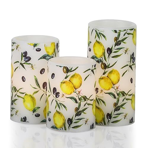 Image of Flameless Pillar Wax Candles with 6 Hour Timer Battery Operated 3 Packs Lemon Decals LED Flickering Candles Yellow Light Holiday Wedding Spring Home Decoration Candle(3 x 4, 5, 6 Inches)