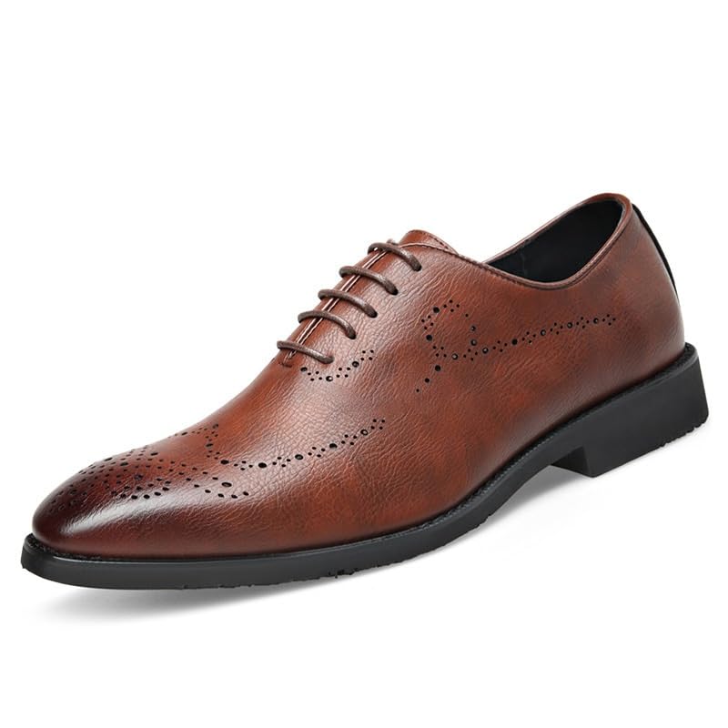 Dress Oxford Formal Shoes for Men Lace Up Round Burnished Toe Brogues Leather Oxford Shoes Slip Resistant Block Heel Non Slip Anti-Slip Business(Brown,10)