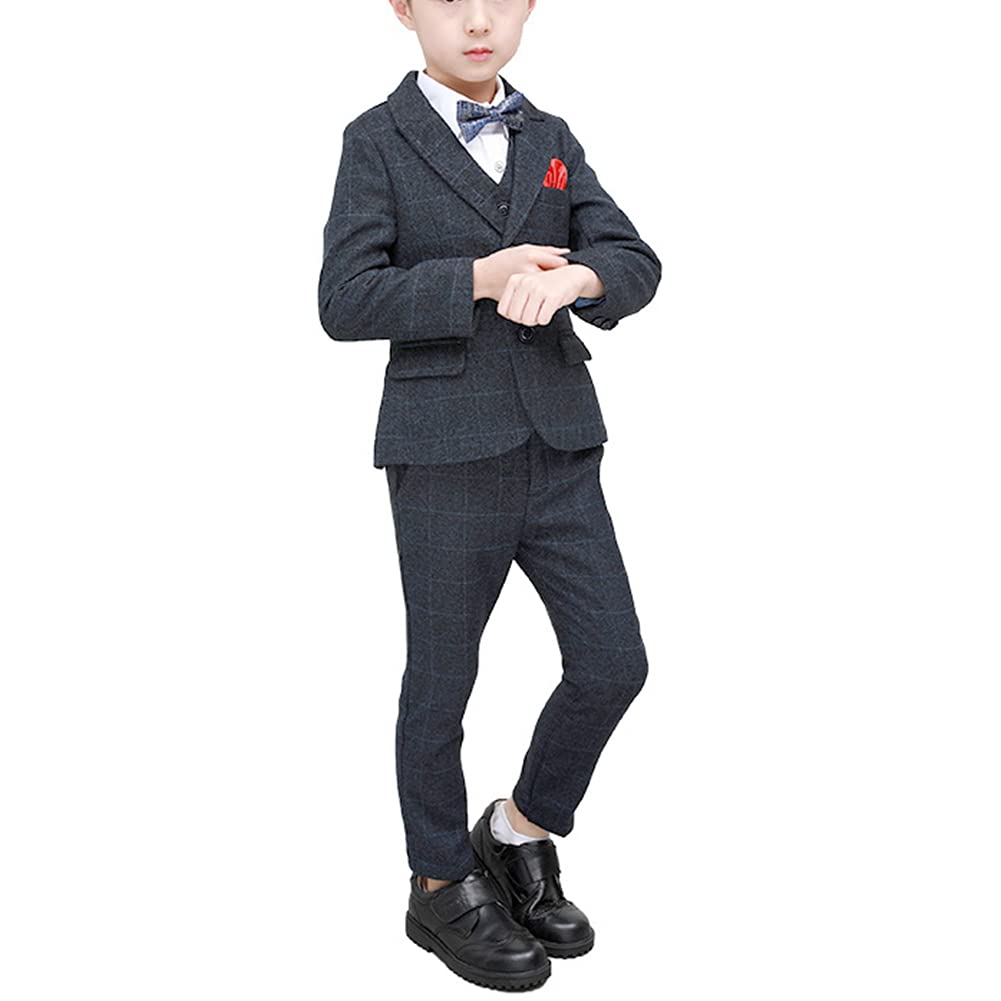 Conjunto de Traje a Cuadros Niños Traje de Fiesta de Bodas,6 Piezas Trajes Blazer+Camisa+Chaleco+Pantalones+Pajarita+Pañuelo de Bolsillo,Chicos Traje Formal para Ceremonio Bautizo Graduación Esmoquin
