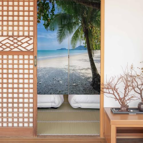 Sauoromeon のれん カーテン 幅85x丈90cm 厚手 遮光 暖簾 ドアカーテン 仕切り 目隠し 通気性 和風 おしゃれ フラット リング対応 ひも付き 風景 夏 オーシャンビュー ビーチ 砂浜 ヤシ木 モダンスタイル 勝手口 玄関 キッチン リ