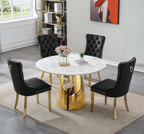 Image of 5-Piece Round Dining Table Set for 4, Modern Faux Marble Kitchen Table and Black Velvet Chairs Set of 4, Luxury 45 inch Circle White Gold Dining Room Tables with Stainless Steel Base