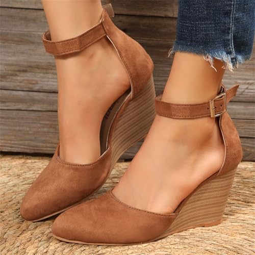 Closed Toe Wedges for Women,Wedges Heels for Women Closed Toe,Ankle Strap Heeled Espadrilles Sandals Comfortable,Ladies Comfortable Cork Summer Dress Shoes for Beach Wedding