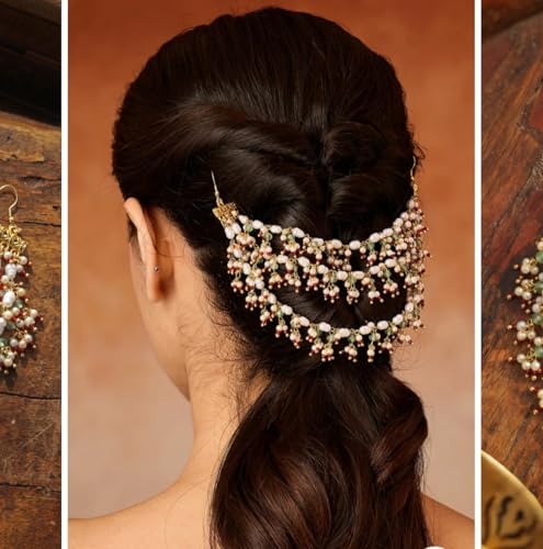 Image of Pearl Beaded Hair Accessory, Gold, Multicolor Stones, Bridal Hair Jewelry, Wedding Hairstyle Clip