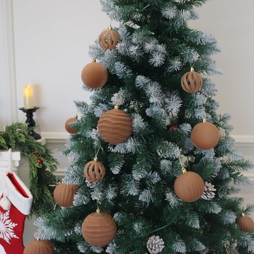 Image of Senjie Velvet Christmas Balls Flocked Christmas Tree 4inch Ornaments 9PCS Plastic Balls Xmas Hanging Ornaments Decoration Light Coffee