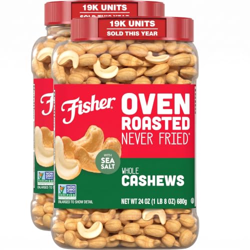 Fisher Oven Roasted Never Fried Whole Cashews, 24 Ounces, Snacks for Adults, Made With Sea Salt, No Added Oils, Artificial Ingredients or Preservatives, Gluten Free, Vegan Protein, Bulk (Pack of 2)