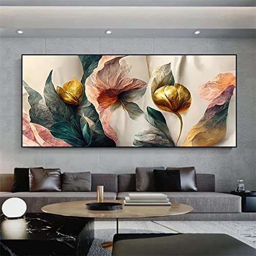 Toile Peinture Fleurs Or Vert Rose 60x120cm sans cadre pour salon