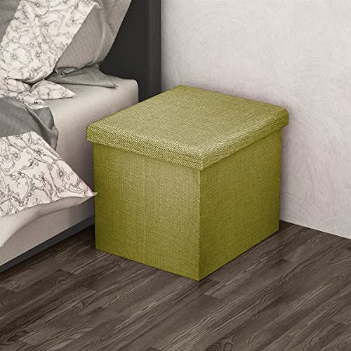 INTIRILIFE Puff Baúl Plegable 30x30x30 cm in Verde Primavera - Taburete Almacenaje Tapizado de Textil Tela Óptica Lino per Almacenamiento y Reposapiés - Asiento Silla Tejido Banqueto - imagen 2