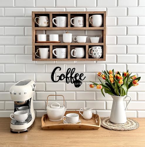 Image of Hamdan Collection Wall Mounted Mug Shelf - Coffee Cup Storage - Kitchen Wall Rack - Floating Cup Organizer - Rustic Coffee Bar Shelf (9 Comp)