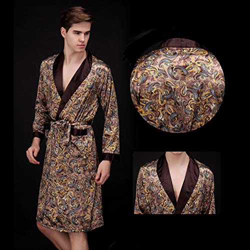 Mens Nightshirts Men's Artificial Silk Pajamas Men's Mid-Length Home Pajamas Long-Sleeved Home Wear Navy Blue XXL (Coffee XX)3