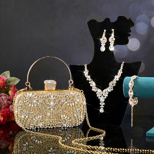 Quelay ​​​​4 Pcs Purse Rhinestone Jewelry Set for Wedding Bridal Women Handbag with Necklace Bracelet Dangle Earrings4