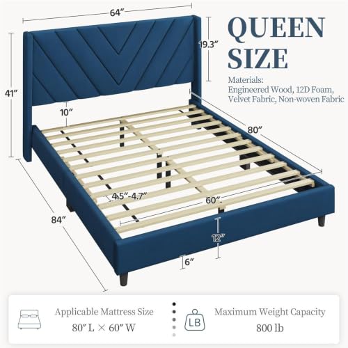 Image of Yaheetech Queen Bed Frame Upholstered Platform Bed with Wing Side /Wooden Slat Support /Tufted Headboard with Wing Side /Mattress Foundation /No Box Spring Needed,Blue Queen Bed