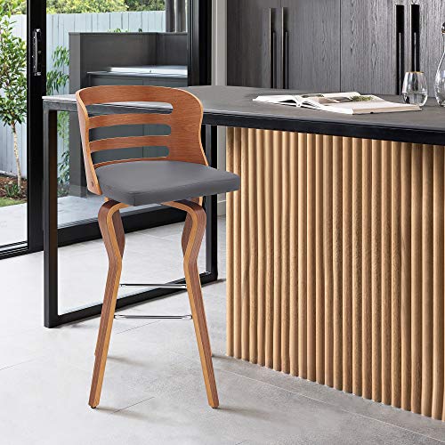 Armen Living Verne 30" Butaco Giratorio Tapizado en Cuero Sintético Gris y Madera Nogal miniatura 2