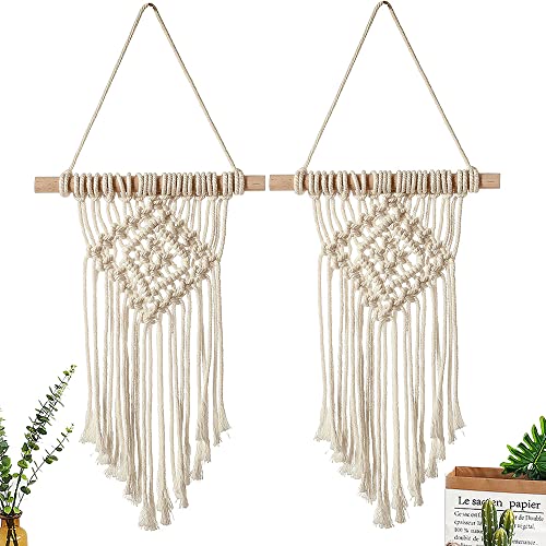 2 piezas Tapiz Tejido, Macramé Tejido para Colgar Pared, Decoración de Tapiz Tejida a Mano, Mano Macrame Colgando Tapiz, Macramé para Colgar en Pared, para Sala Estar, Deco Hogar, 45 x 20 cm, Beige