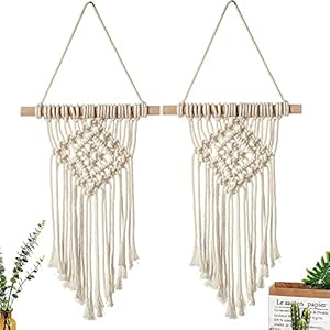 2 Pièces Main Macramé Hanging Tapisserie, Décoration Bohème Art Tissée à La Main, Décoration Murale Tapisserie Géométrique, Tapisserie Murale Tissée en Macramé, pour Salon, L 45x L 20 cm, Beige