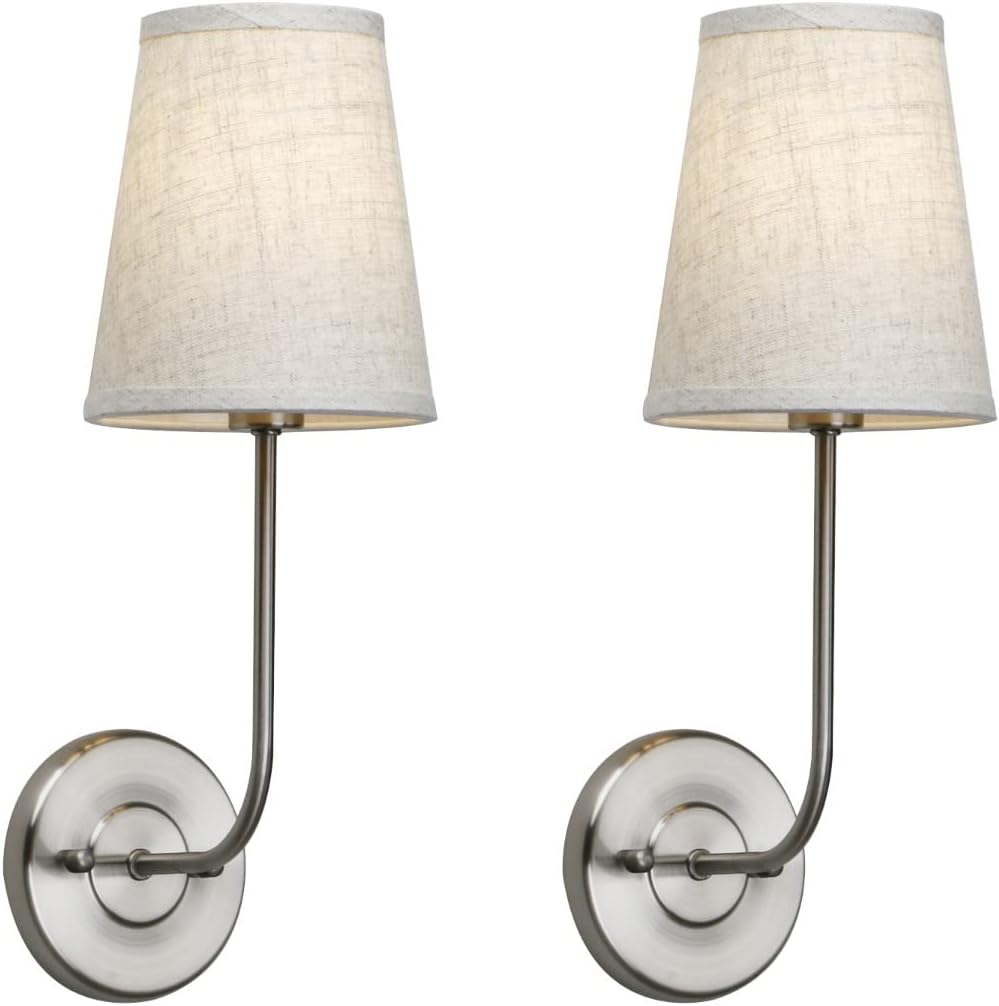 Permo Set of 2 pcs Rustic Vintage Wall Sconce Light Fixture with Flared Funnel Linen Fabric Shade Nightstand Lamps for Bedrooms Bedside Reading (Brushed)