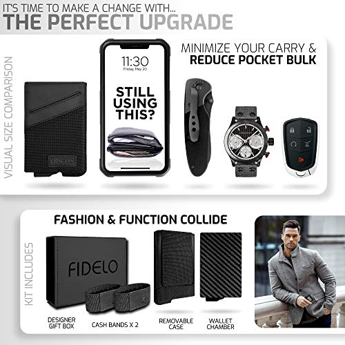 Fidelo Minimalist Wallet For Men - Pop Up Wallet With Card Holder, Money Clip And 2 Cash Bands. Rfid Blocking Wallet For Quick Card Access, Made Out Of Aluminum And Carbon Fiber/Leather Case - Black #TOP4