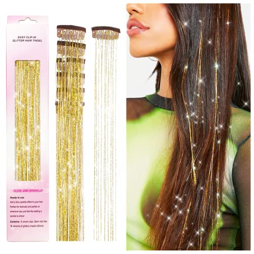 Clip in Hair Tinsel, POROLIR 6Pcs Glitter Fairy Tinsel Hair Extensions 20 Inch Shiny Hair Tinsel Heat Resistant, Sparkly Strands Hair Accessories, Festival Gift for Women Girls Kids (Gold)