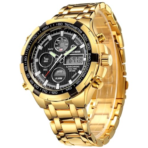Image of FAMVNTN Luxury Men Watches with Stainless Steel Analog Digital Watches for Men Male Outdoor Sport Waterproof Big Wristwatch, Gold, Japanese