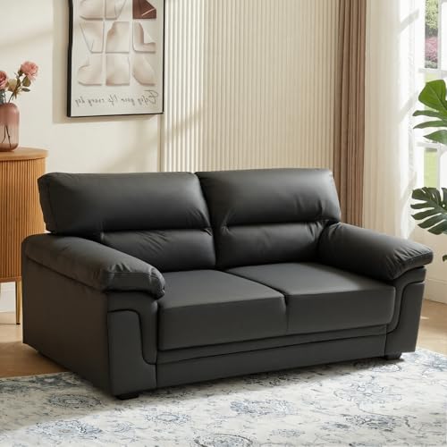 Panana Modern Luxury Faux Leather Comfortable Sofa Couch Settee, Pillow Top Arm Sofa Bed Couch, 2 Seater or 3 Seater for Choice (Black, 3 Seater)