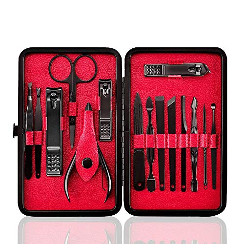 REAMTOP Manicure Set Black Stainless Steel Fingernails & Toenails Clippers & Nail File Sharp Nail Cutter 15 In 1 Nail clippers Pedicure Kit Nail Scissors Grooming Kit with Leather Travel Case