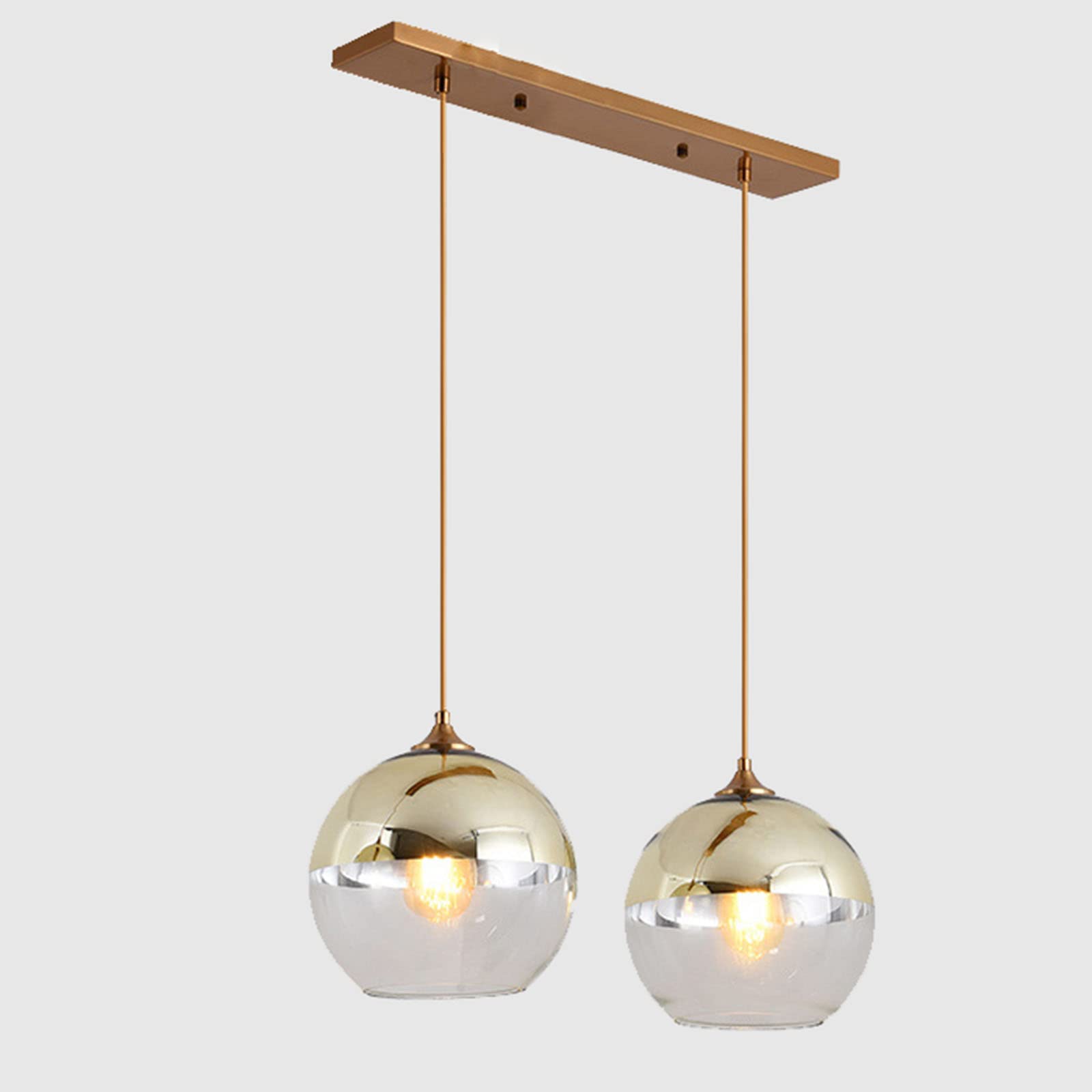 Lampa wisząca z 2 lampkami ze złotym szklanym kloszem, gniazdo E27, lampa wisząca, pojedynczy żyrandol w kształcie kuli do jadalni i wyspy kuchennej
