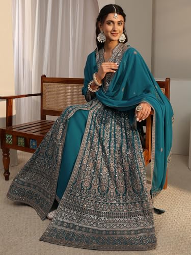 Image of Libas Art Embroidered Georgette Anarkali Kurta With Palazzos and Dupatta | ethnic wear | bridal suit | occasion wear