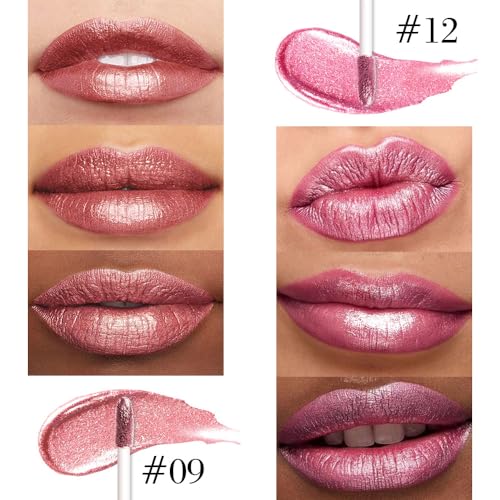 Image of evpct 2Pcs Pink Red Hot Pink Metallic Glitter Lip Liner and Lipstick Combo, Shimmery Lip Gloss Stain Set Makeup for Women Long Lasting Waterproof 24, Metallic Shimmer Iridescent Glossy Liquid Lipstick