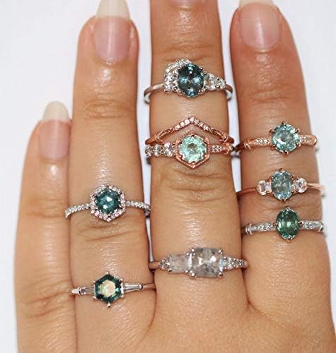 Teal Montana Sapphire Ring, 1 carat Montana Sapphire Engagement Ring, One Of A Kind Cluster Ring, Teal Green Sapphire Hexagon Ring