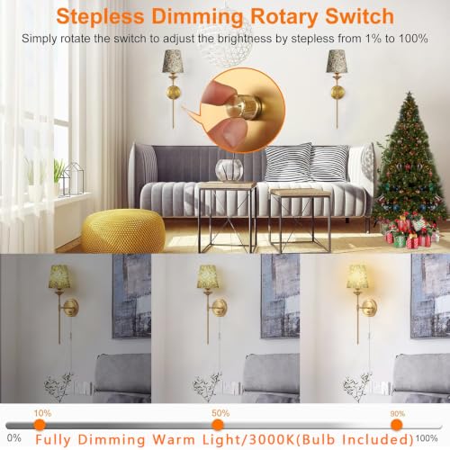 Image of Dimmable Plug in Wall Sconces Set of 2, Gold Bedside Wall Lamp with Knob Dimmer Switch and Flower Shade, 6.5FT Electric Cord Mid Century Modern Bathroom Wall Light Fixture for Bedroom Living Room