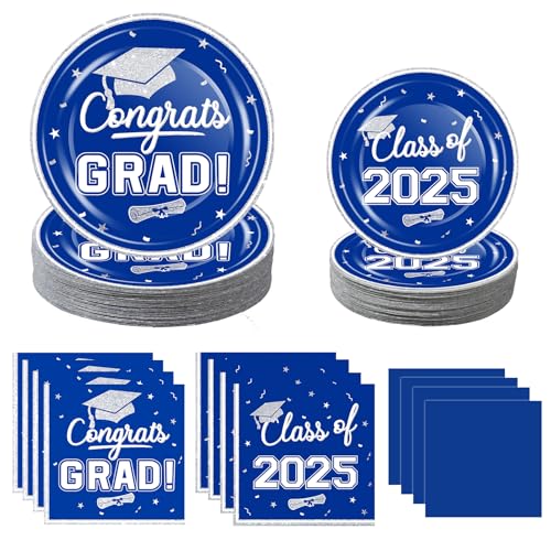 OuMuaMua 2025 Graduation Party Dinnerware Supplies - 200 Pcs Blue White Graduation Disposable Plates and Napkins for 2025 College High School Graduation Party Decorations, Serves 50